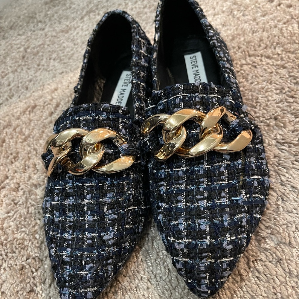 Steve Madden Navy Blue Tweed Gold Buckle Pointed Flats Shoes Loafers